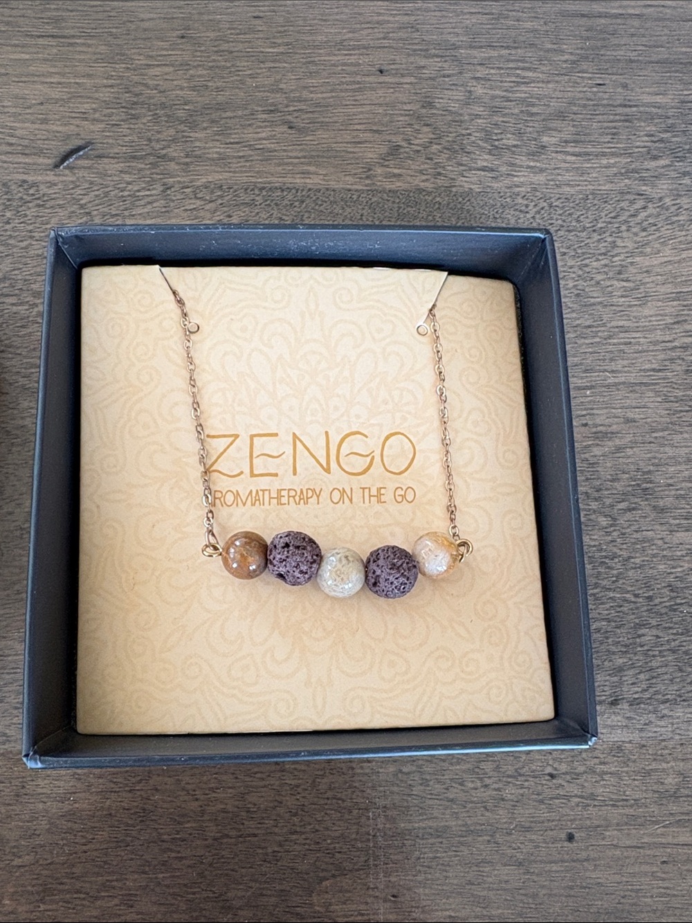 Zengo Gold Chain Necklace with Brown and Cream Aromatherapy Lava Beads